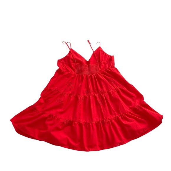 LOFT Tiered Babydoll VNeck Mini Dress Sz L Red Eyelet Boho Swing Vacation Beachy - Picture 4 of 11